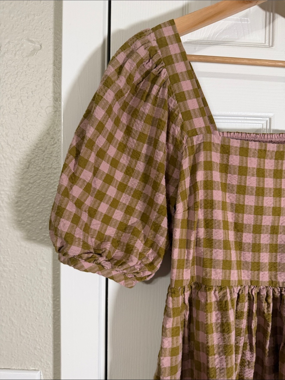Madewell Pink & Olive Gingham Puff Sleeve Cotton Mini Dress Pockets - Picture 3 of 7